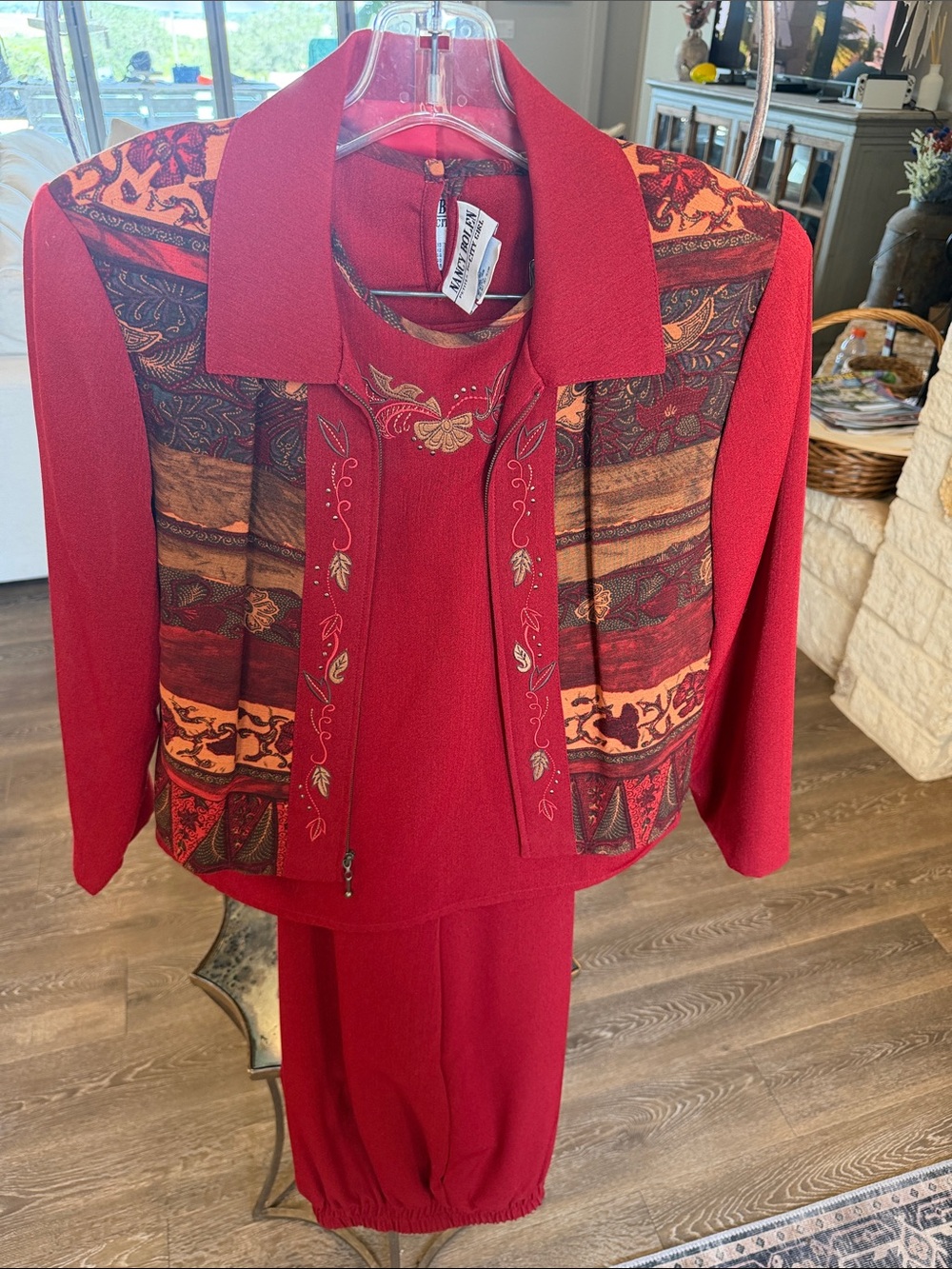 Women's Red Three-Piece Pant Set with Patterned Jacket